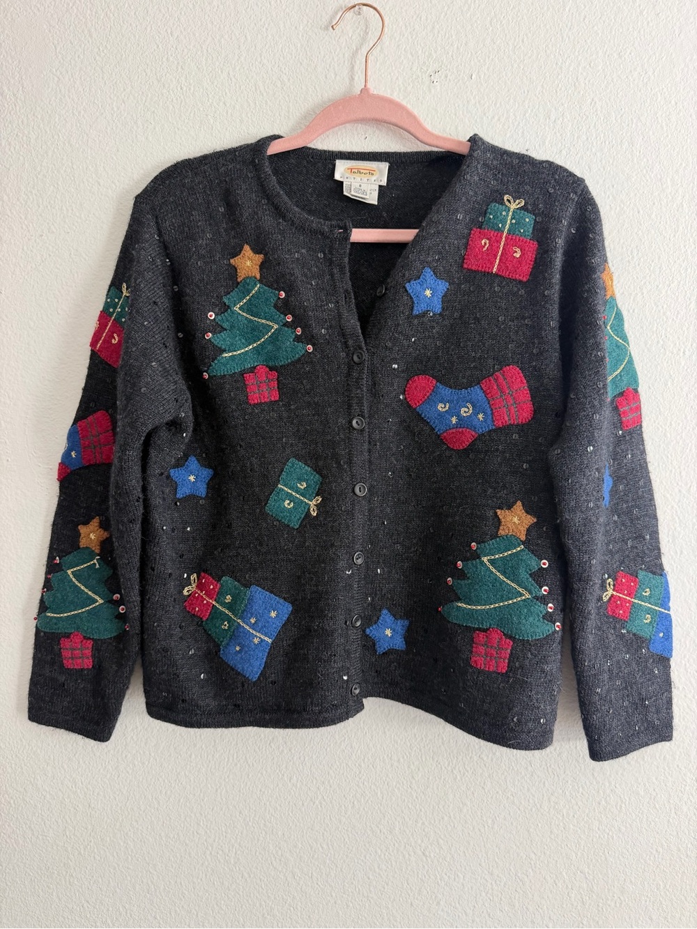 Vintage Talbots Petites Christmas Embellished Cardigan Sweater 100% Wool Size S